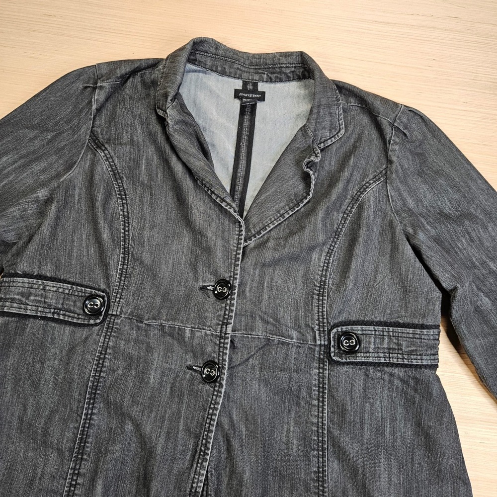 Ashley Stewart Denim Jacket Women 24W Black Button Up Long Sleeve Stretch Casual